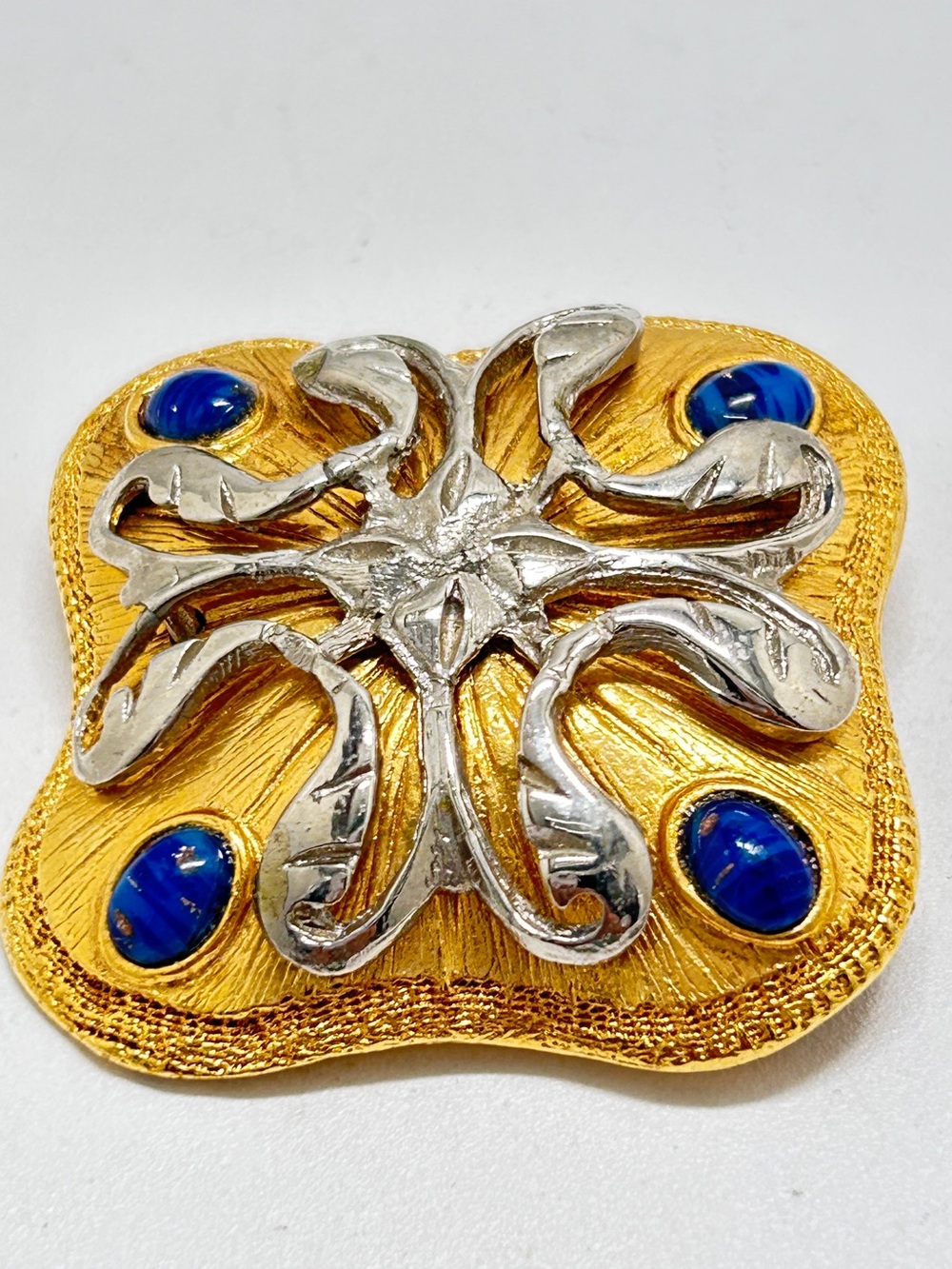 Vintage Mixed Metal Maltese Cross Brooch, Blue Cabochons, Gorgeous Piece